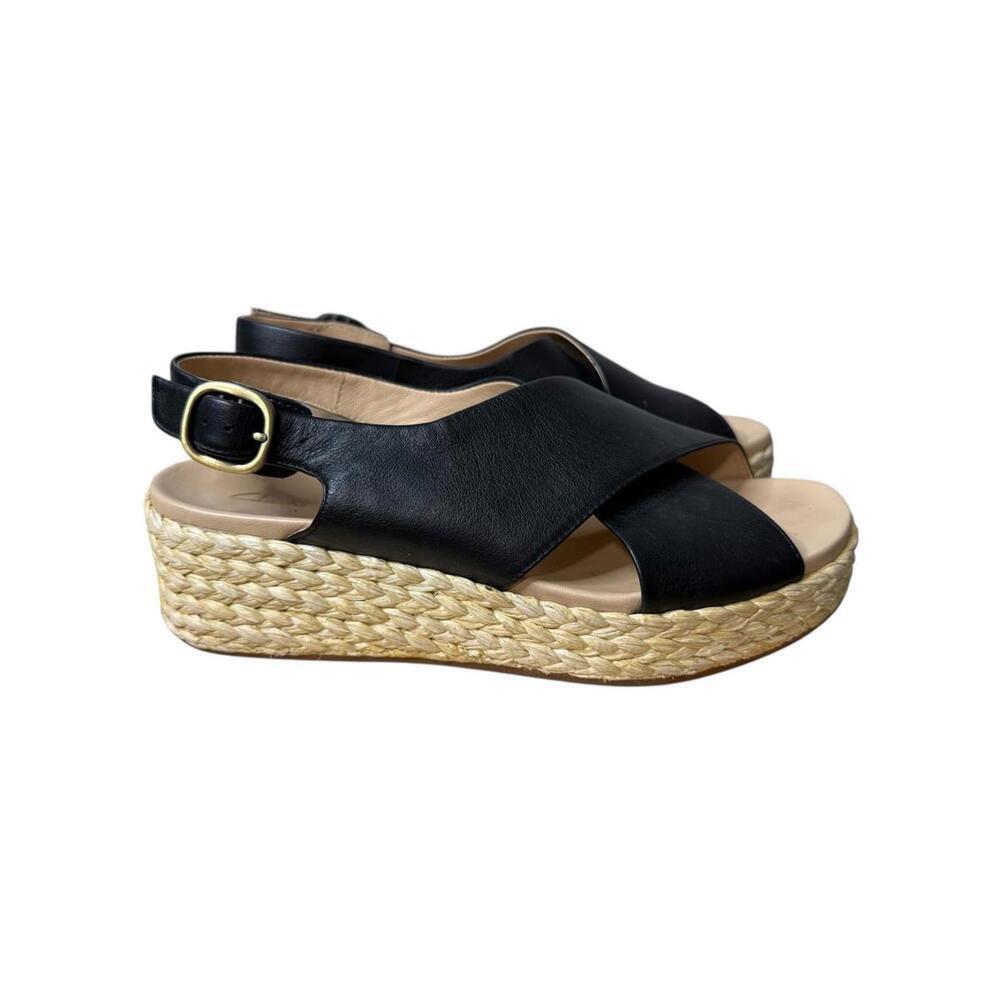 Clarks Kimmei Espadrilles Wedge Sandal Size 10 Black Leather Cross Wide Strap - Picture 2 of 5